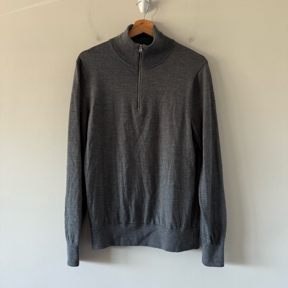 J Crew Merino Wool Sweater Mens Medium 1/4 Zip Gray Preppy Minimalist Office